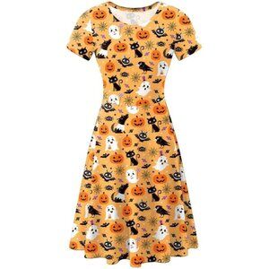 Women's Halloween Dress for Women Short Sleeves Printed Vintage Style Pumpkin